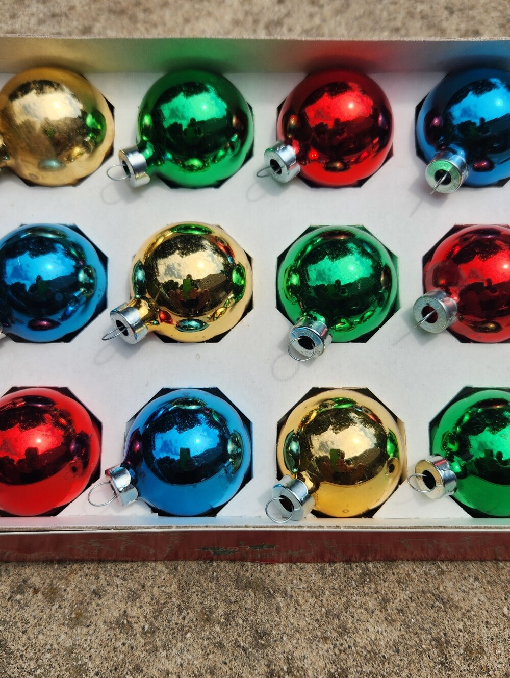 12 Vintage Holly Rauch Glass Christmas Ornaments Red Green Gold Blue
